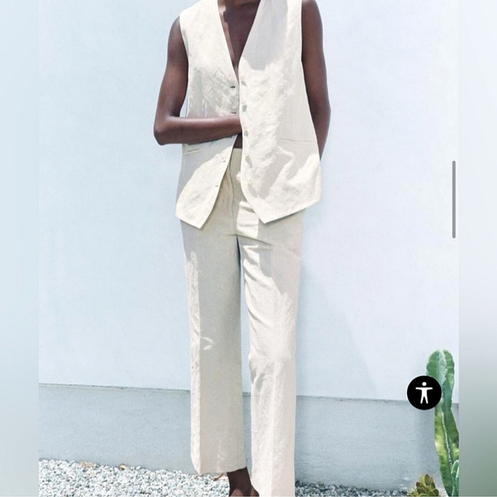 ZARA "SET" ECRU WRINKLED EFFECT VEST/PANT CO-ORD 💖 - Picture 3 of 8